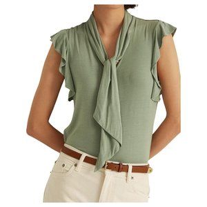 NWT Lauren Ralph Lauren Ruffle-Sleeve Tie-Neck Top Lily Pad XS